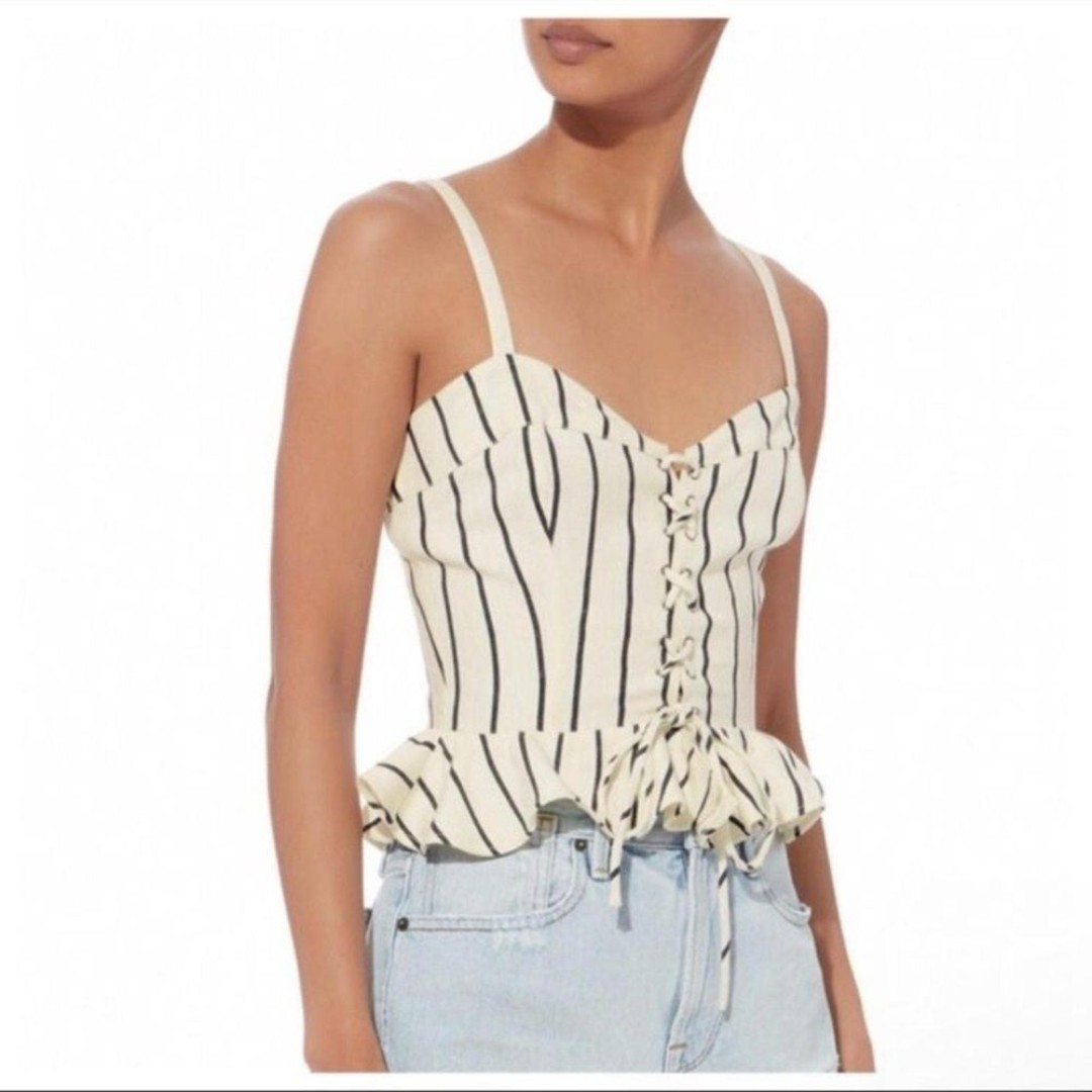Lovers + Friends Cream & Black Striped Lace-Up Peplum Corset Crop Top