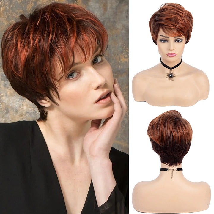 Short Pixie Cut Wig Copper Red Synthetic Wigs with Side Bang Dark Roots Omb Short Pixie Cut Wig Copper Red Synthetic Wigs with Side Bang Dark Roots Omb