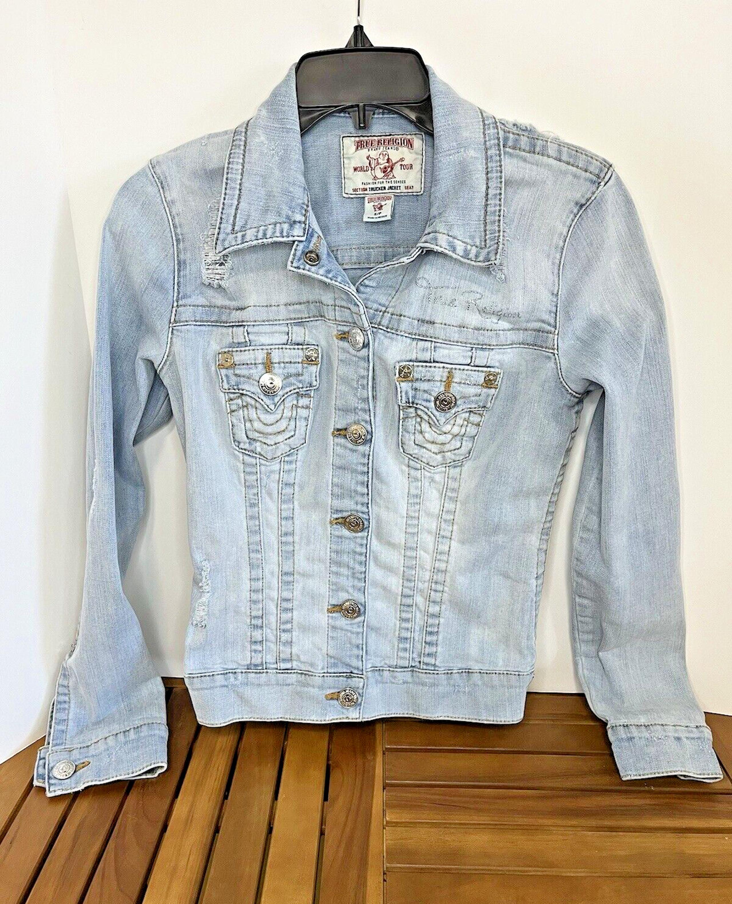 True Religion Trucker Jacket World Tour Denim Distressed Women SP Light Wash VGC