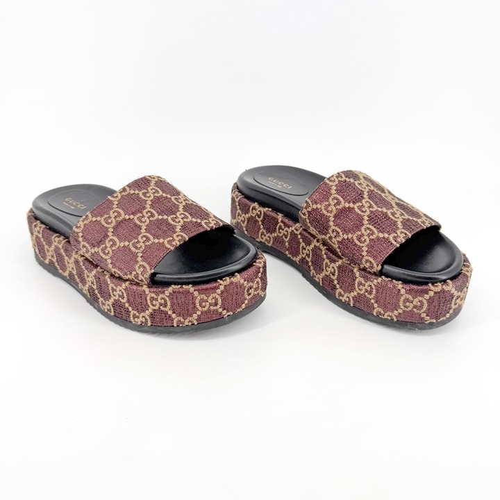 Gucci Angelina Platform Slide Sandals EU 37 US 7 Metallic Bronze GG Monogram