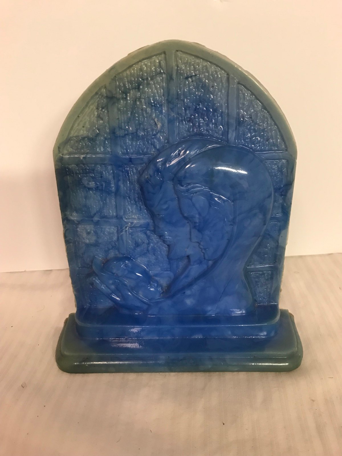 Rare Antique Blue Marble Glass Sculpture of Male Female Looking upon a Baby