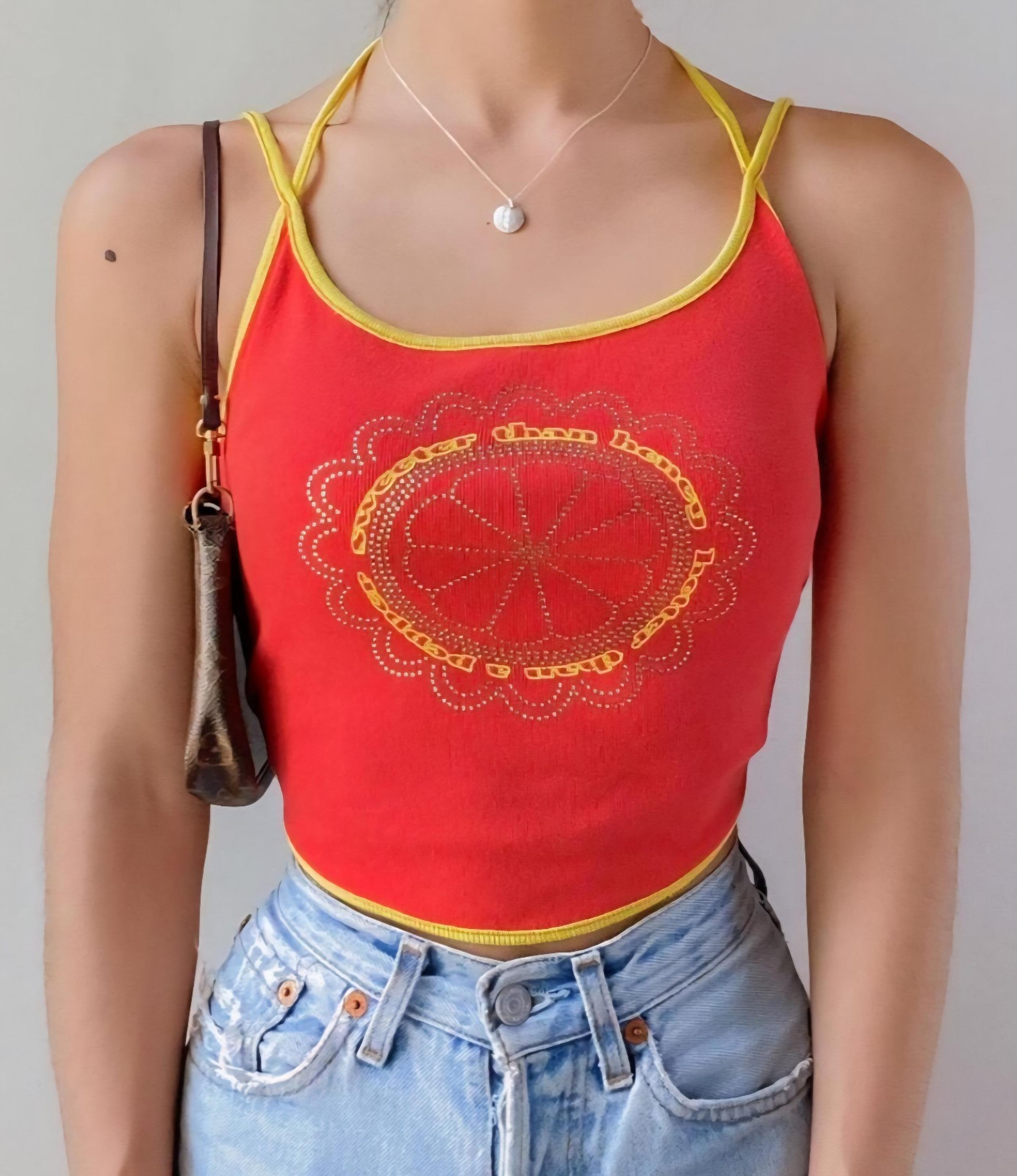 Vintage Women's Urban Outfitters Y2K Orange Rhinestone Halter Tank Top Medium