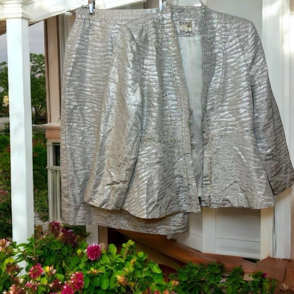 Vtg 80s Clara Clara Silver Shimmer Sequined Blazer Skirt Suit Sz L Needs Buttons