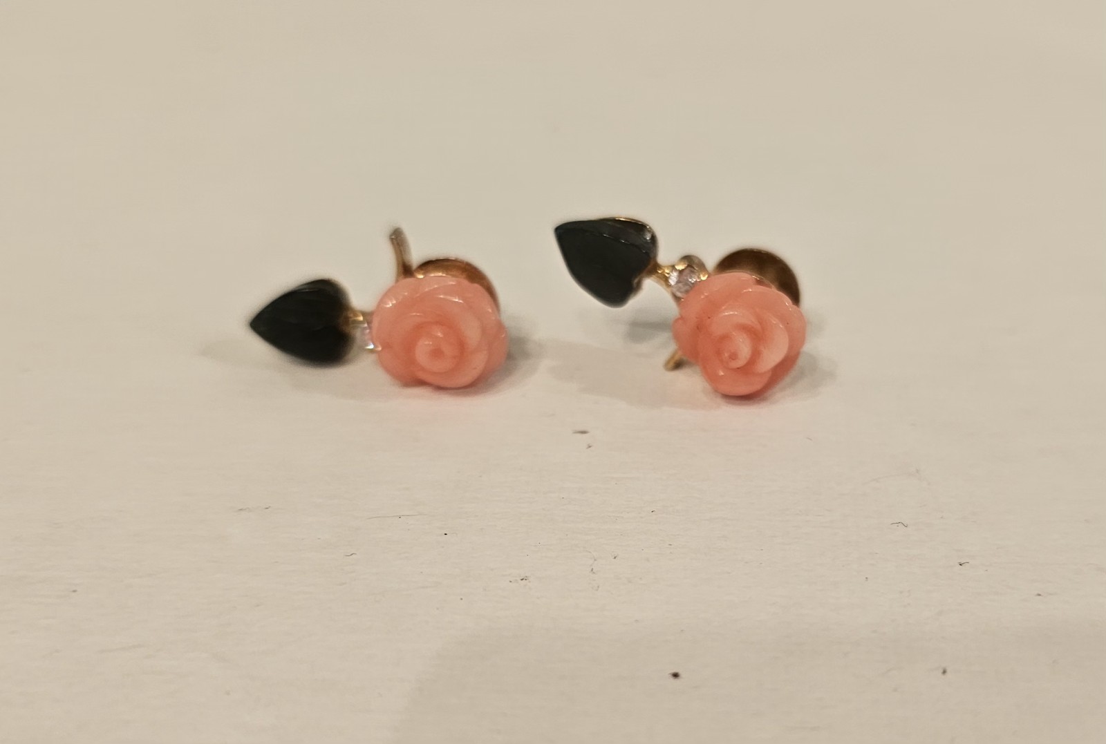 Coral Rose With Jade Leaves On Gold Post Earrings