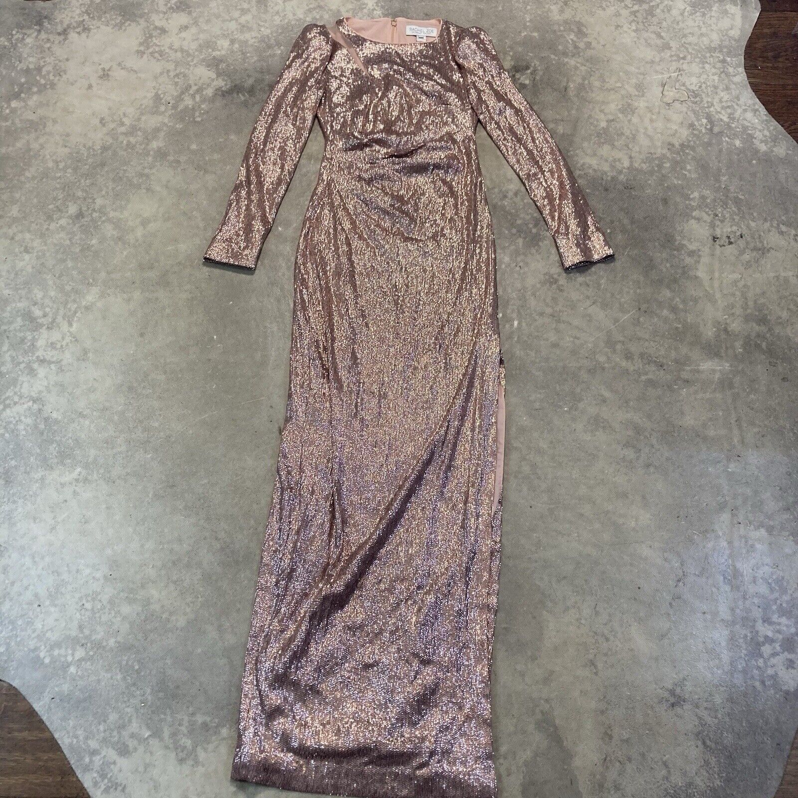 Rachel Zoe Dress Womens 2 Sequin Bellini Pink Long Sleeve Maxi Side Slit Evening