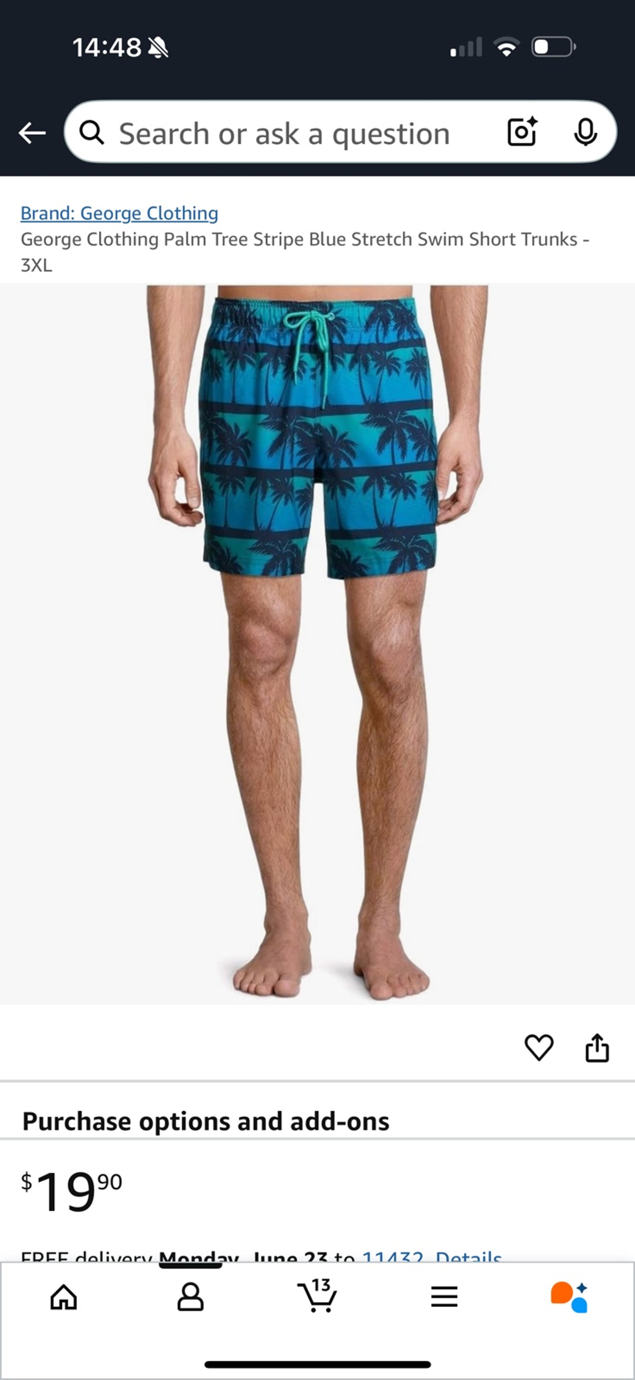 George Clothing Palm Tree Stripe Blue Stretch Swim Short Trunks