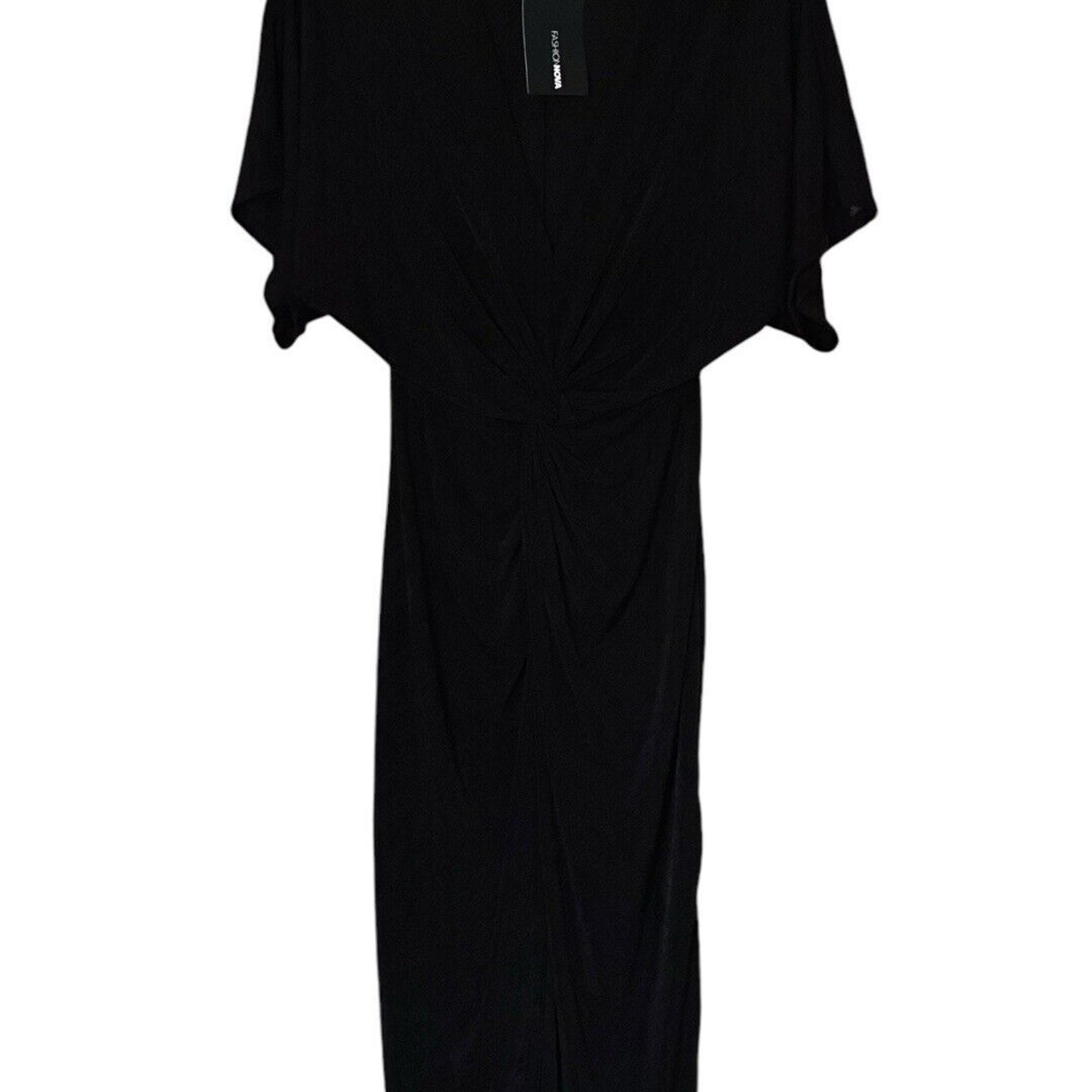 Fashion Nova Black Full Gown Knot Front Dress NWT Size Small Midi Front Slit