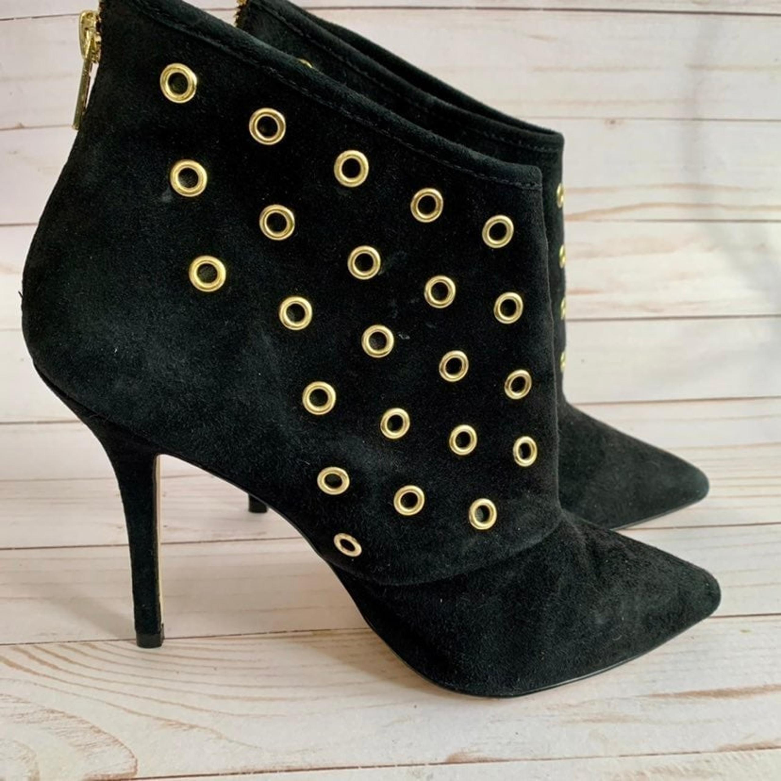 Boston Proper Suede Stiletto Gold Grommet Ankle Boots
