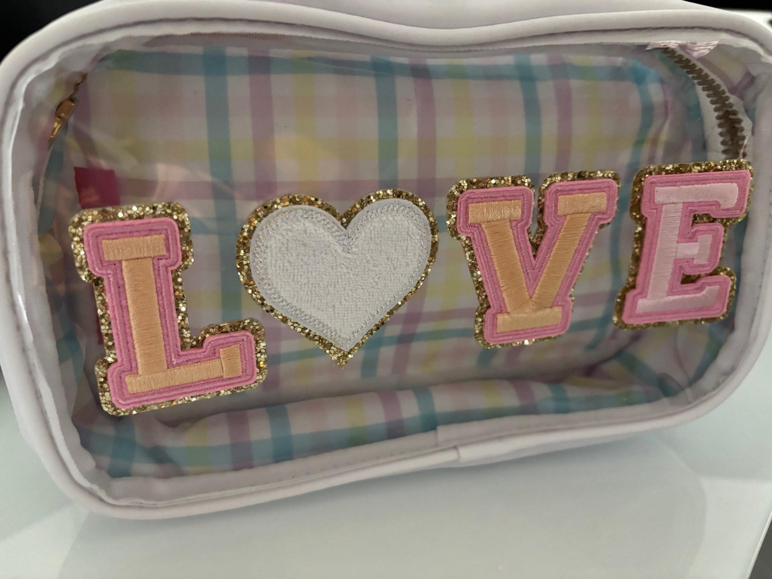 Stoney Clover Lane White Gingham Small Pouch LOVE patches NEW