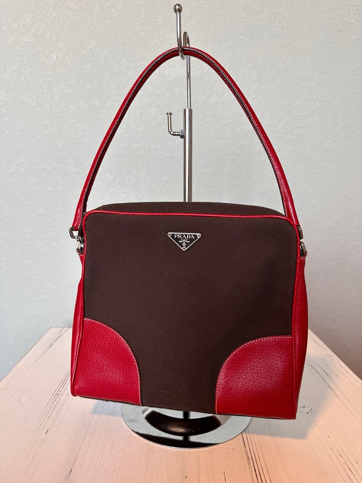 Prada Canvas & Leather Trimmed Shoulder Bag