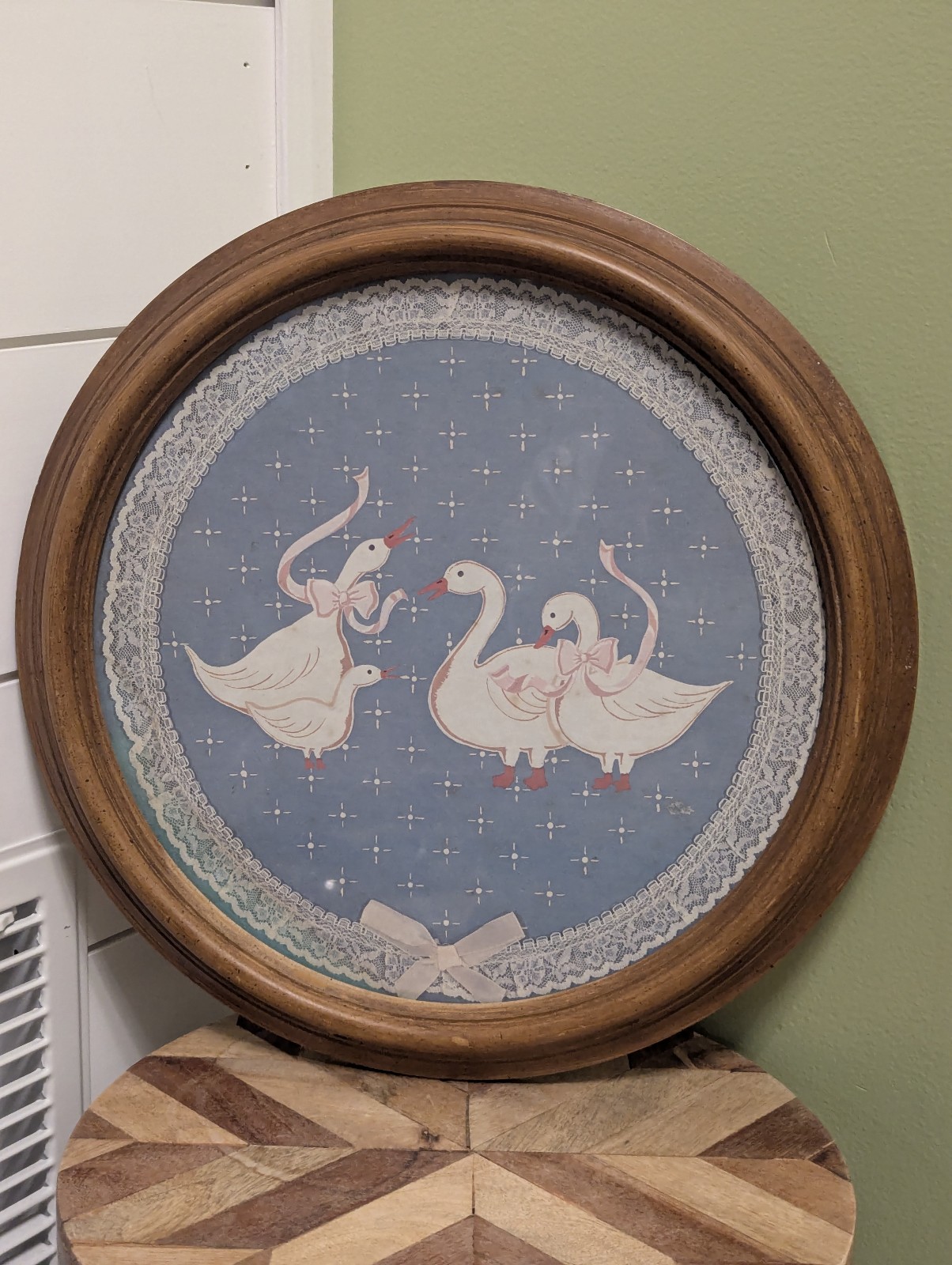 Goose w/ Bow, Vintage Country Cottage Style Geese Art Round Lace trim Blue Pink