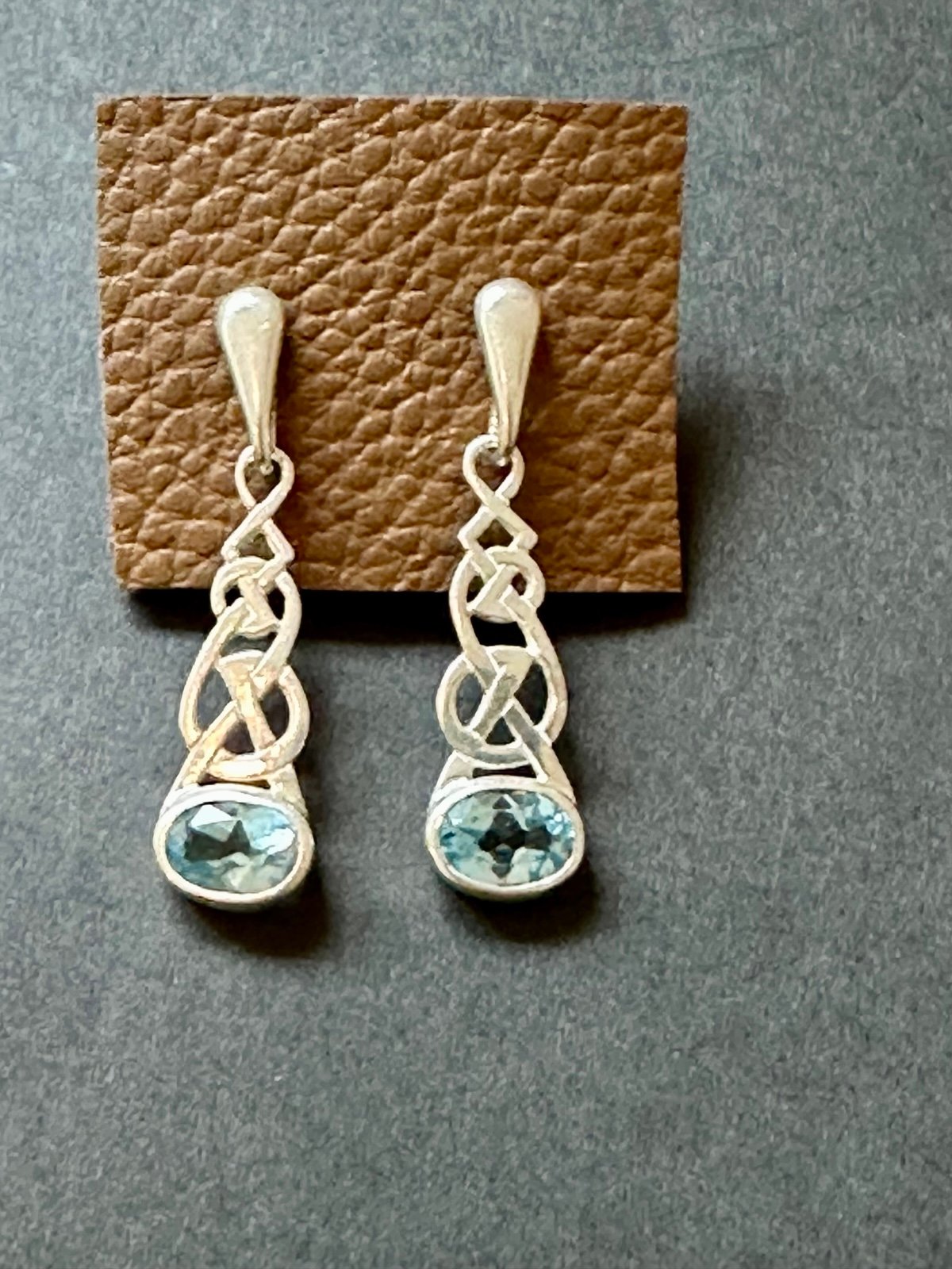 Vintage Celtic Blue Topaz Sterling Silver Dangle Post Earrings