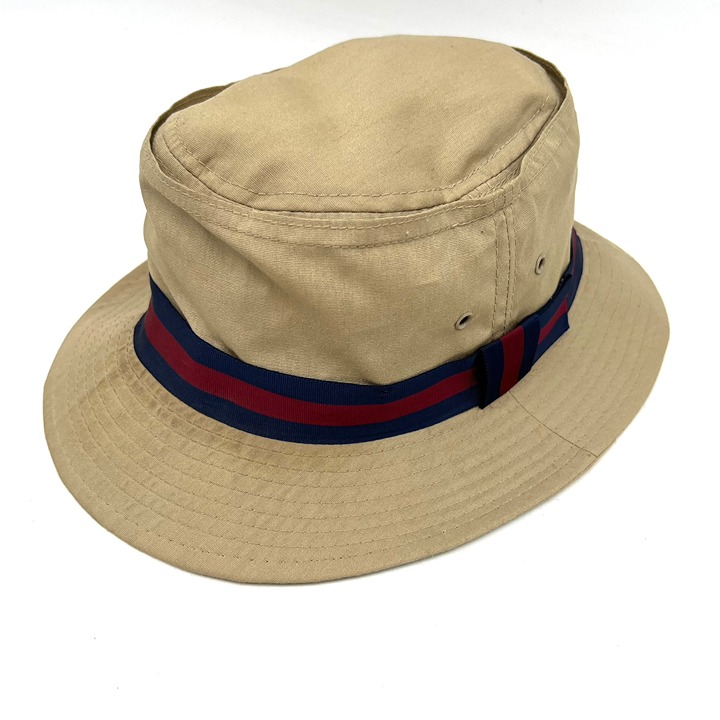 VTG LL BEAN Hat Beige Canvas Blue & Red Stripe Freeport Maine Size Small