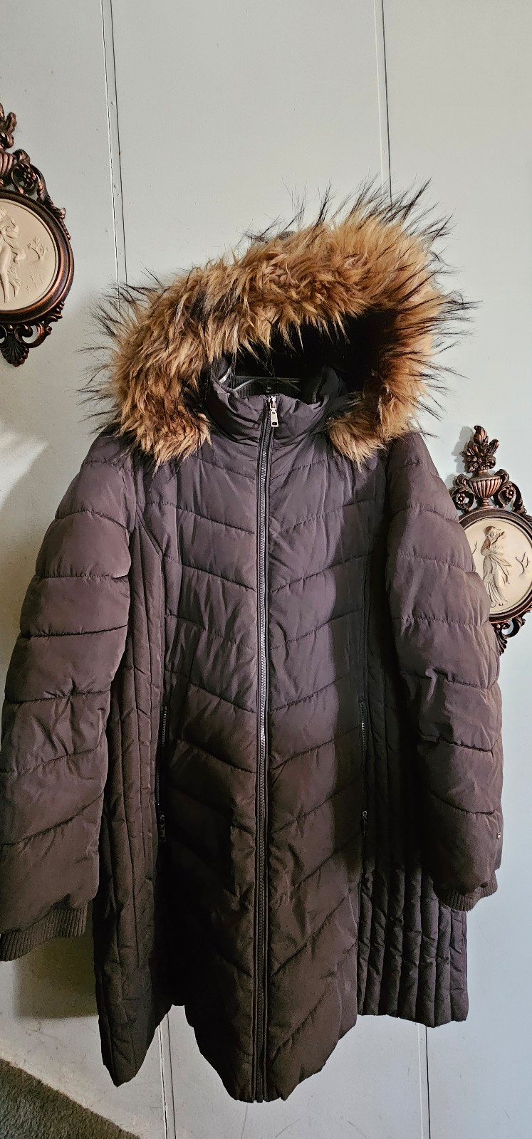 Tommy Hilfiger Quilted Down Puffer Coat Women’s Hooded Long Jacket Gray Size 1X
