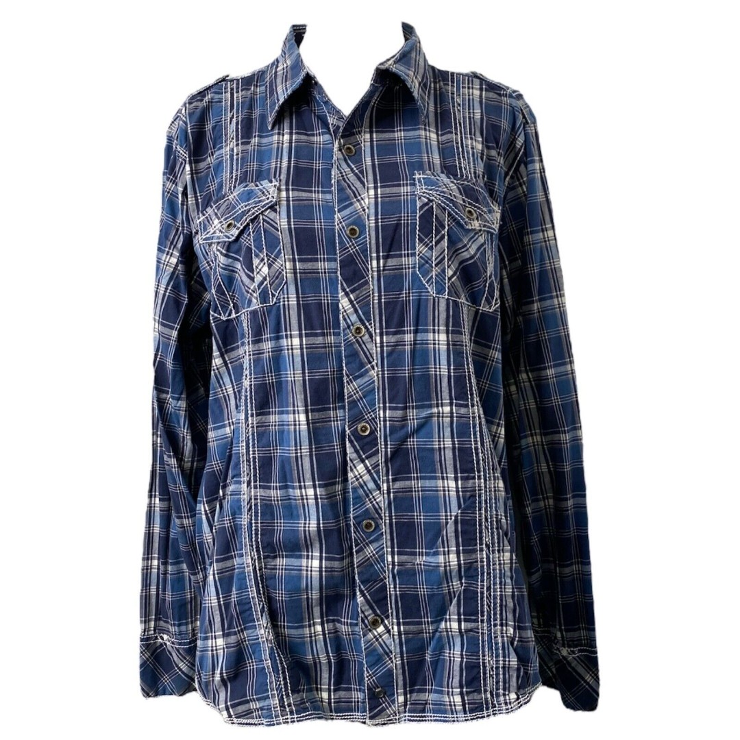 Buckle Black Men’s XL Shirt Blue and Grey Western Snap Button Long Sleeve Slim