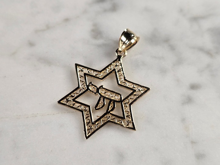 14k Yellow Gold Jewish Judaica Star of David Chai Pendant, 1.4g E4803
