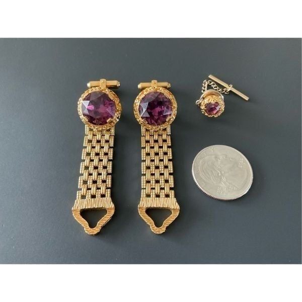 Senator Designed Vintage Cuff Links Tie Pin - Gold Tone Metal, Purple Gem