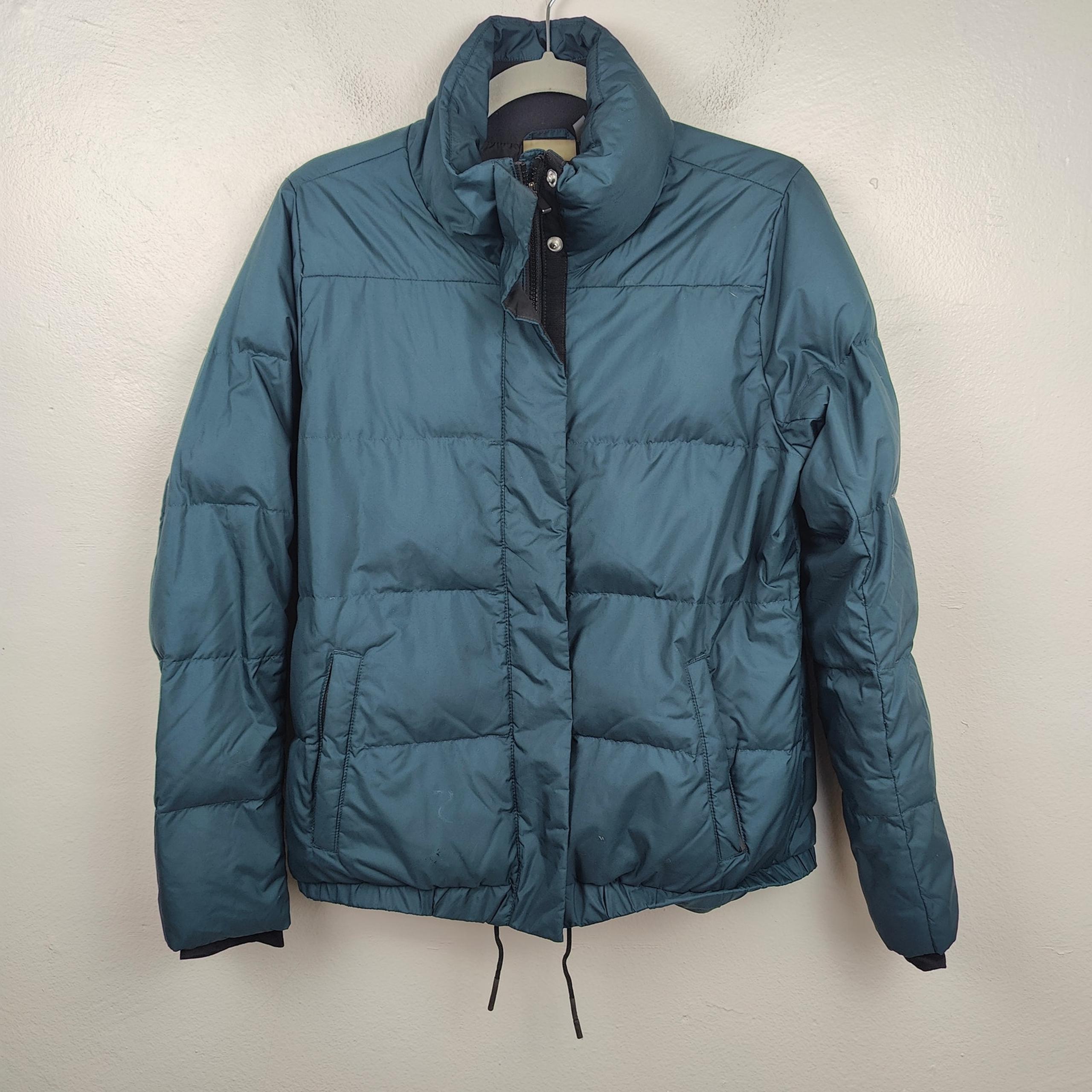 Athleta Down Puffer Bomber Jacket Womens Medium Dark Teal Cozy Winter Full Zip