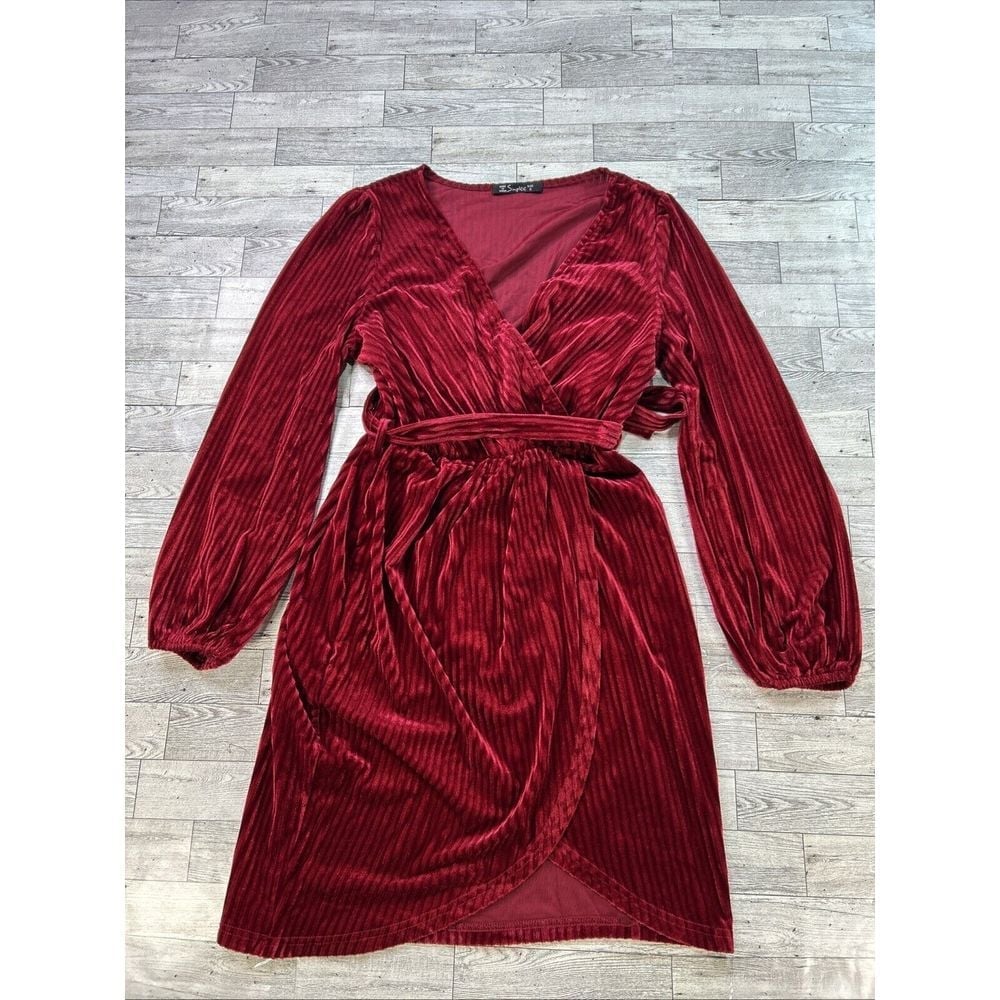 Simplee Velvet Wrap Dress Long Sleeve Party Cocktail Elegant Red Size S