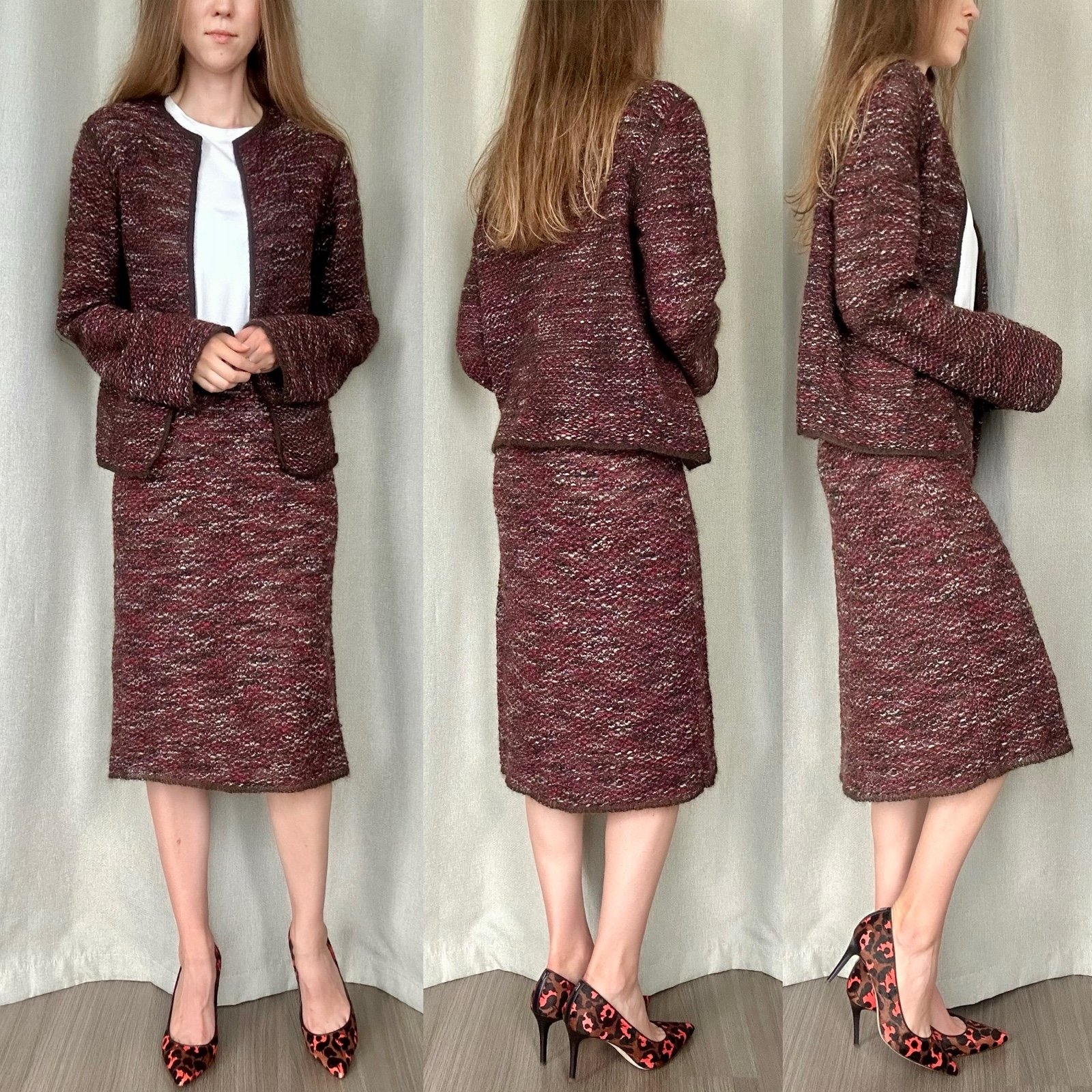 Max Mara Wool Mohair Red Brown Knit Crewneck Skirt Set L