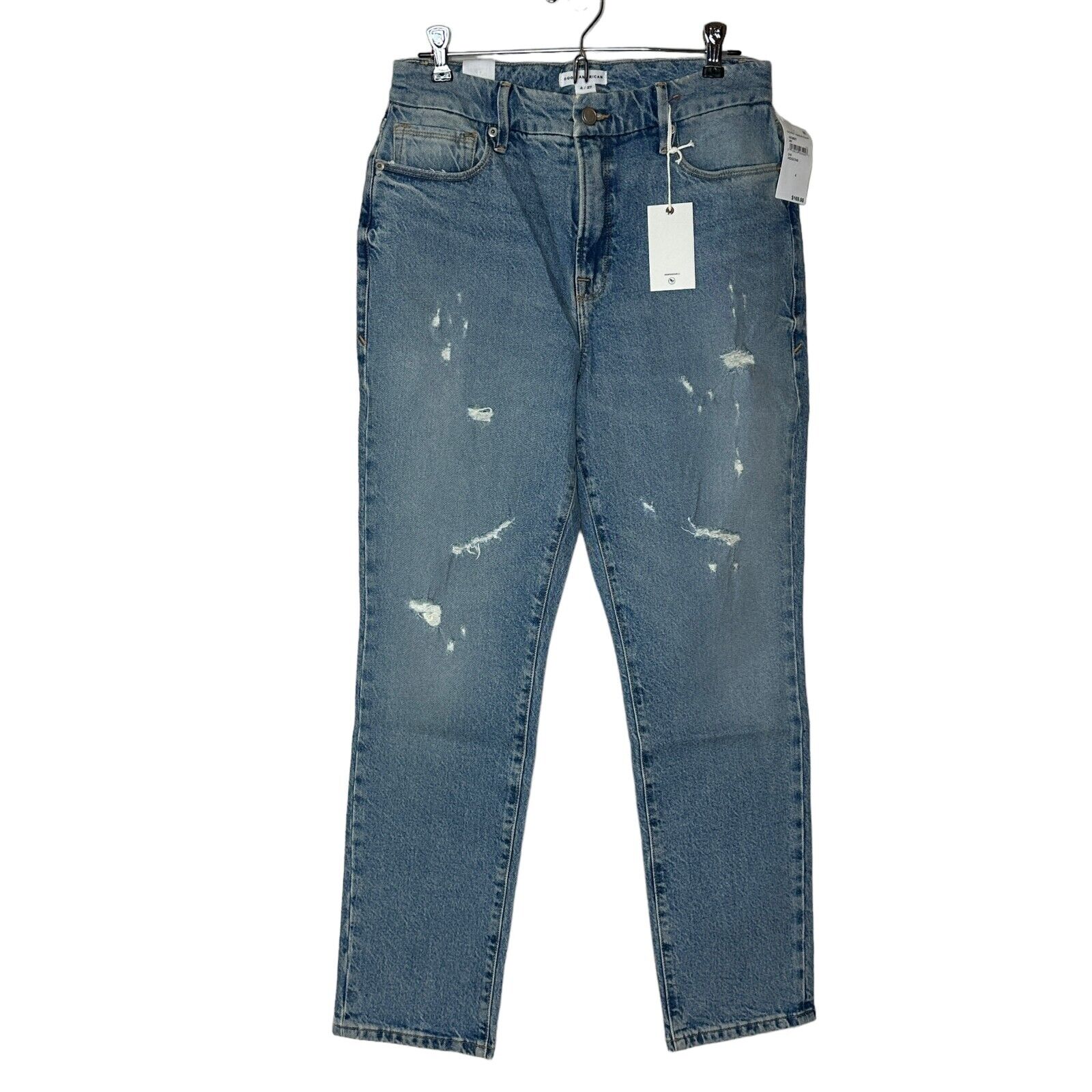 Good American Blue Jeans Distressed Hi-Rise Skinnyish Fit Indigo046 Women 4 NWT