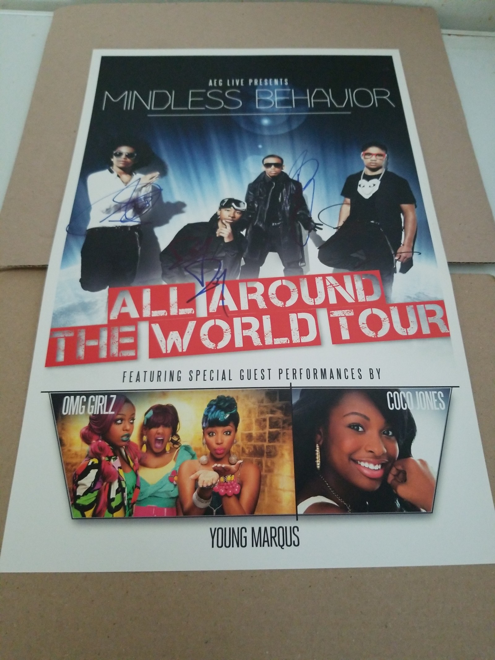 MINDLESS BEHAVIOR POSTER SIGNED BY ALL 4 SINGERS. ALL AROUND THE WORLD TOUR