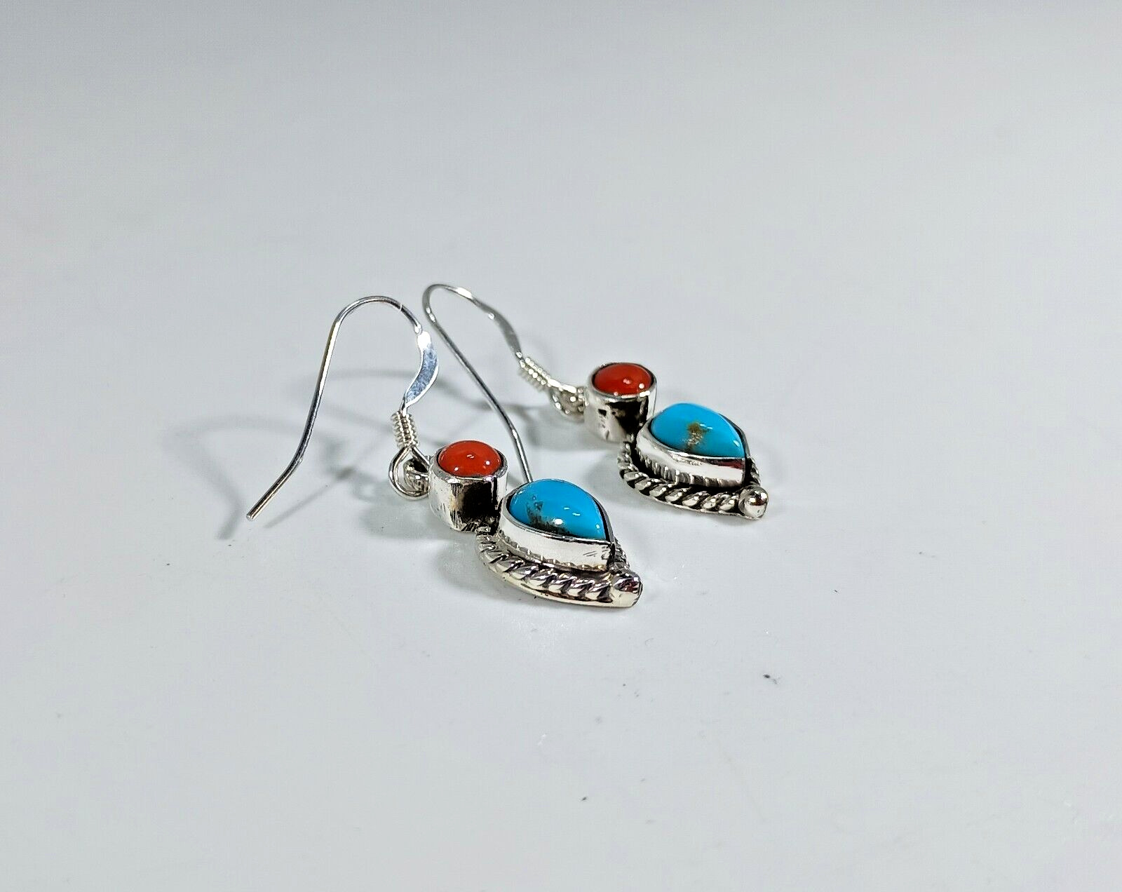 Native America Navajo Sterling Silver Coral & Turquoise Dangling Earrings