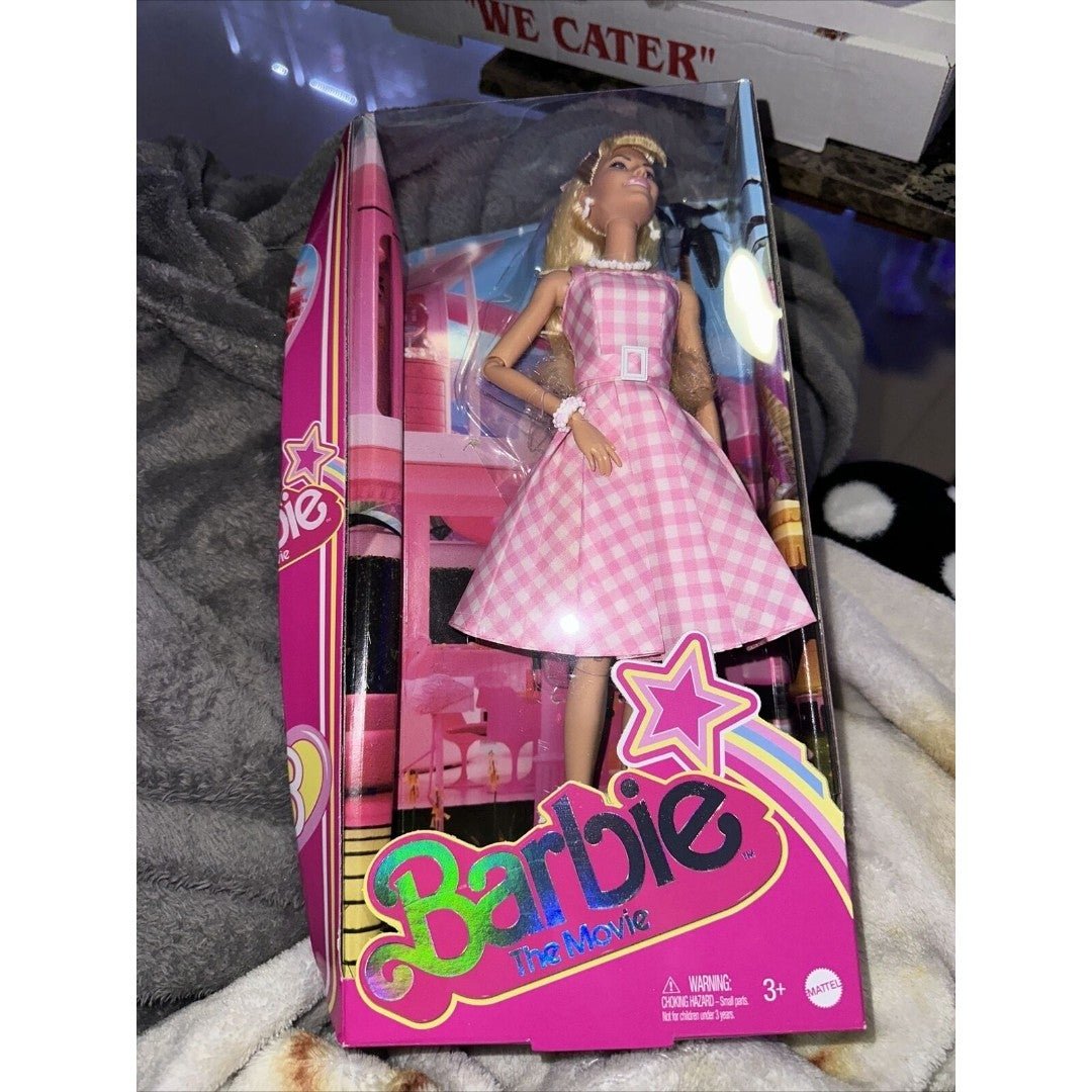 Barbie The Movie Doll Margot Robbie Wearing Pink & Gingham Dress Damaged Box