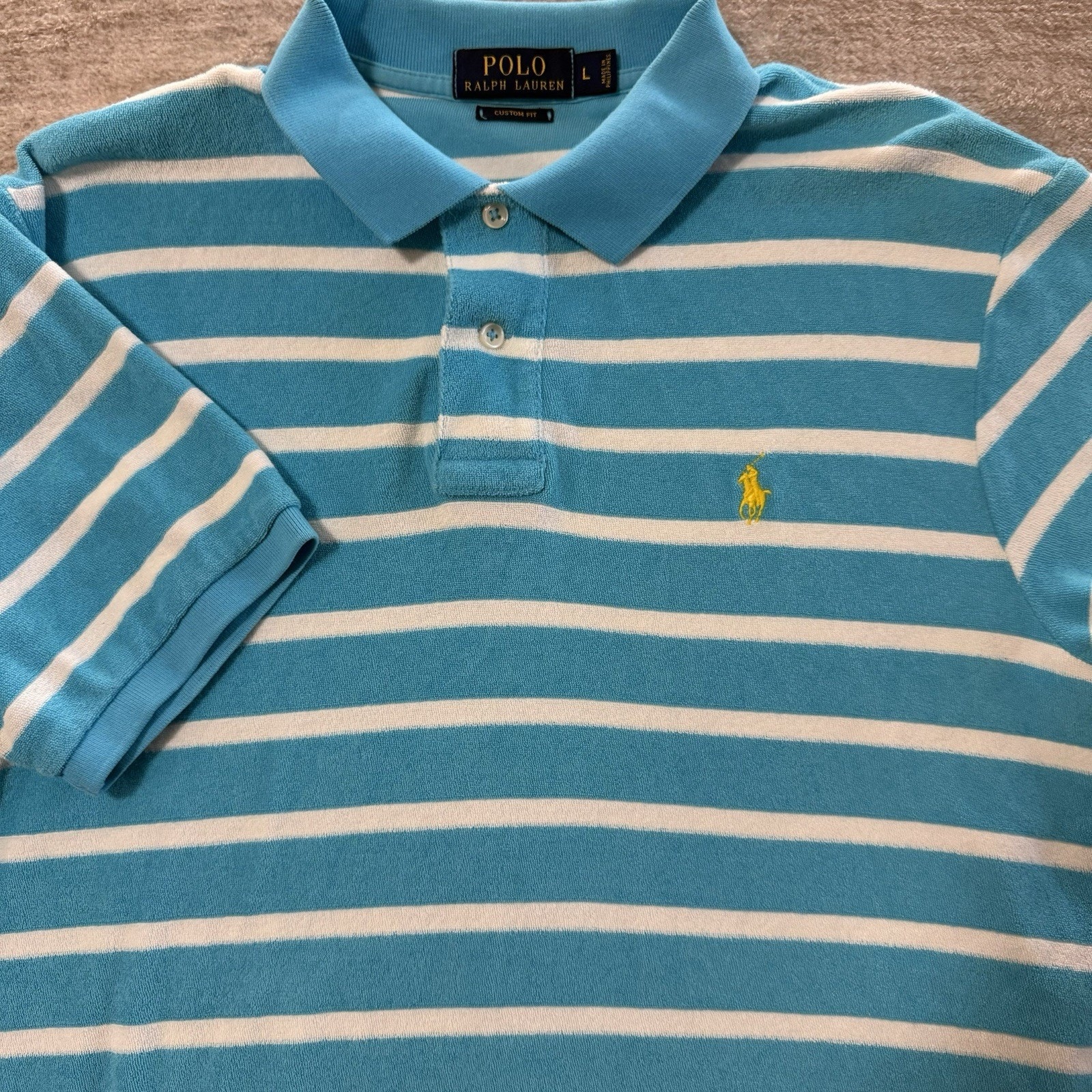 Ralph Lauren Polo Shirt Mens Large Blue/White Striped Terry Cloth Toweling Surf