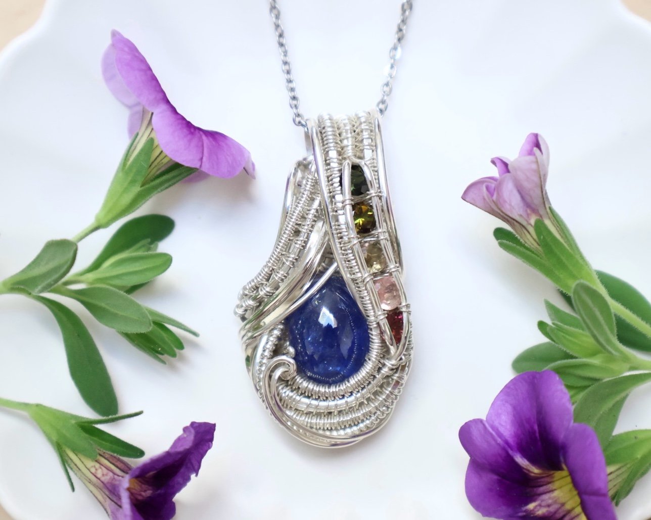 Tanzanite & Tourmaline Pendant Necklace Sterling Silver Wire Wrap Jewelry Gift