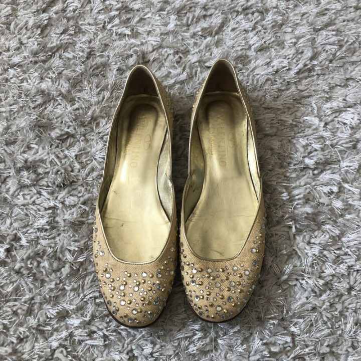 Valentino Womens Shoes Beige Gold Crystal Lace Ballet Flats Slipper Size 37.5