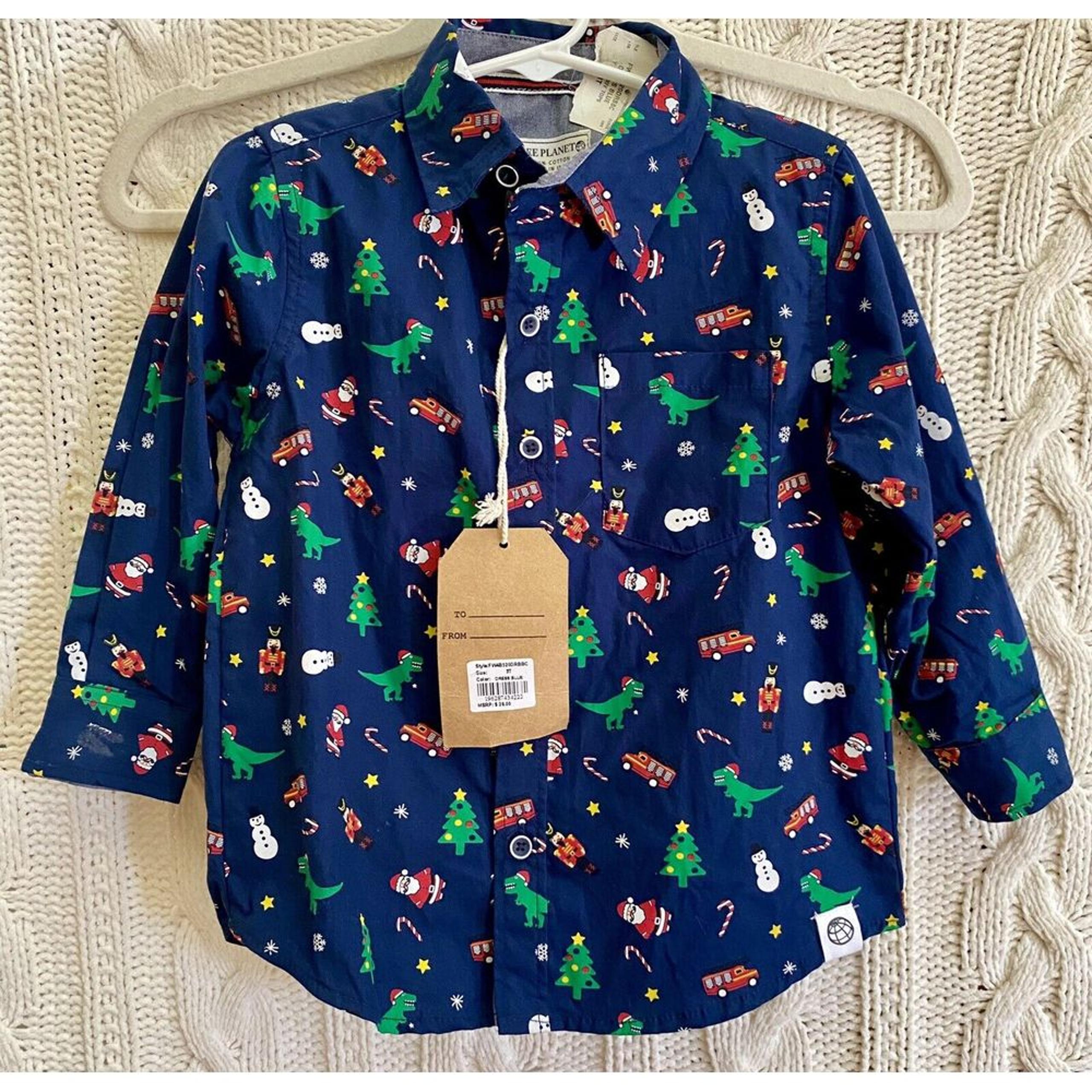 NEW Boys 3T Free Planet Christmas Toys Cotton Button Dress Shirt Holiday