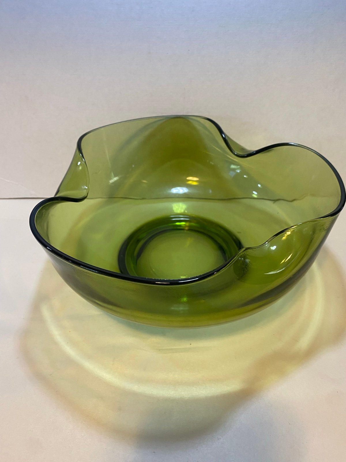 1970s Wavy Retro Glass Bowl, Anchor Hocking, Avocado/Olive Green Large Bowl