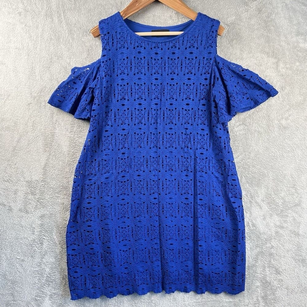 RN Studio Ronnie Nicole Royal Blue Cold Shoulder Dress Womens 14 Eyelet Overlay