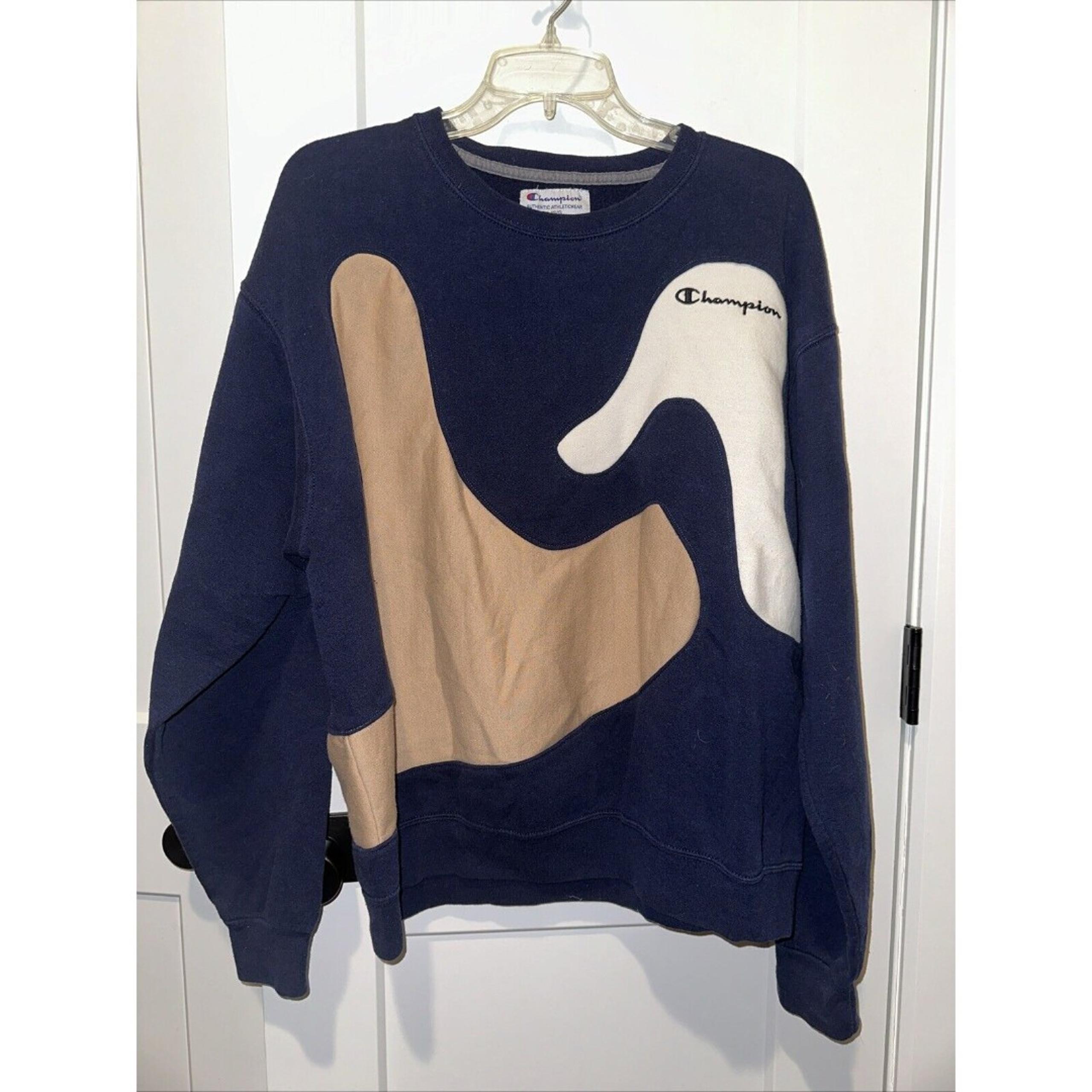 Navy Tan White Color Block Sweatshirt Large Unisex Adult - Champion