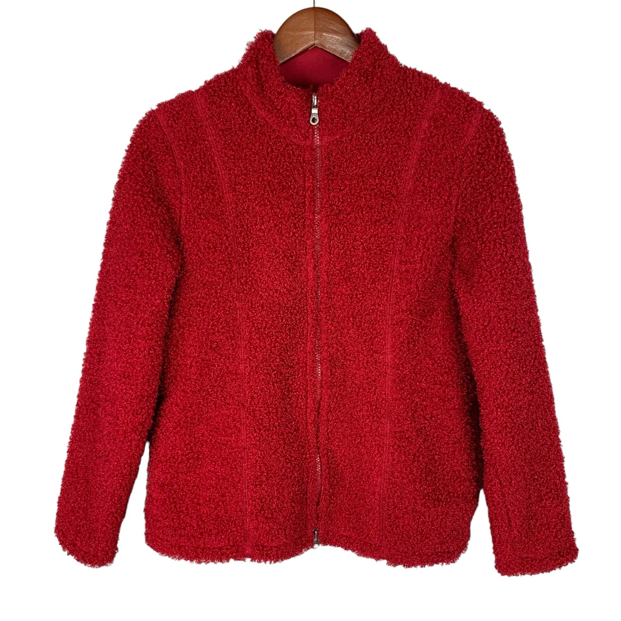 J Jill Jacket Boucle Fleece Red Full Zip Pockets Long Sleeve Women’s S - J. Jill