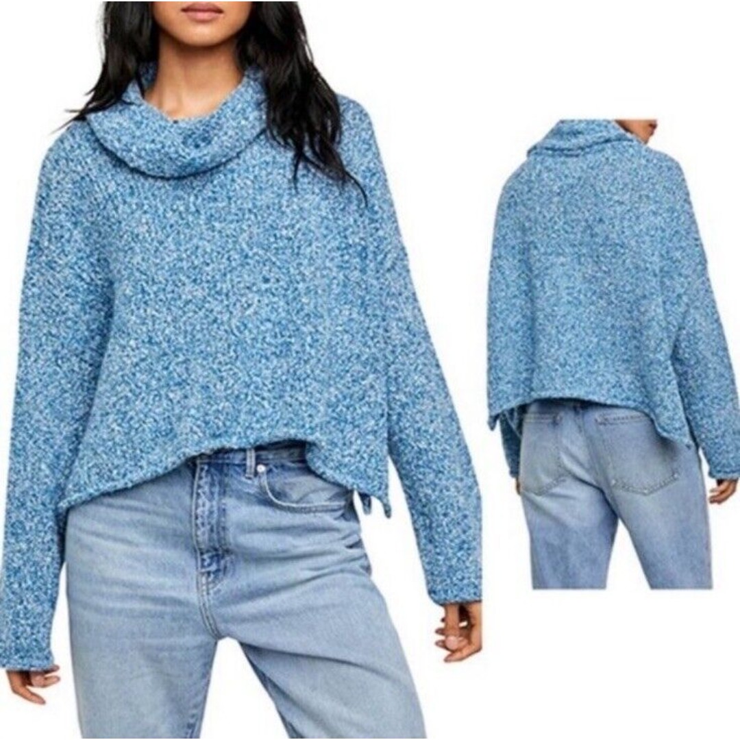 FREE PEOPLE BFF Cowl Neck Oversized Boxy Sweater Size S Blue Slouchy Crop Thick