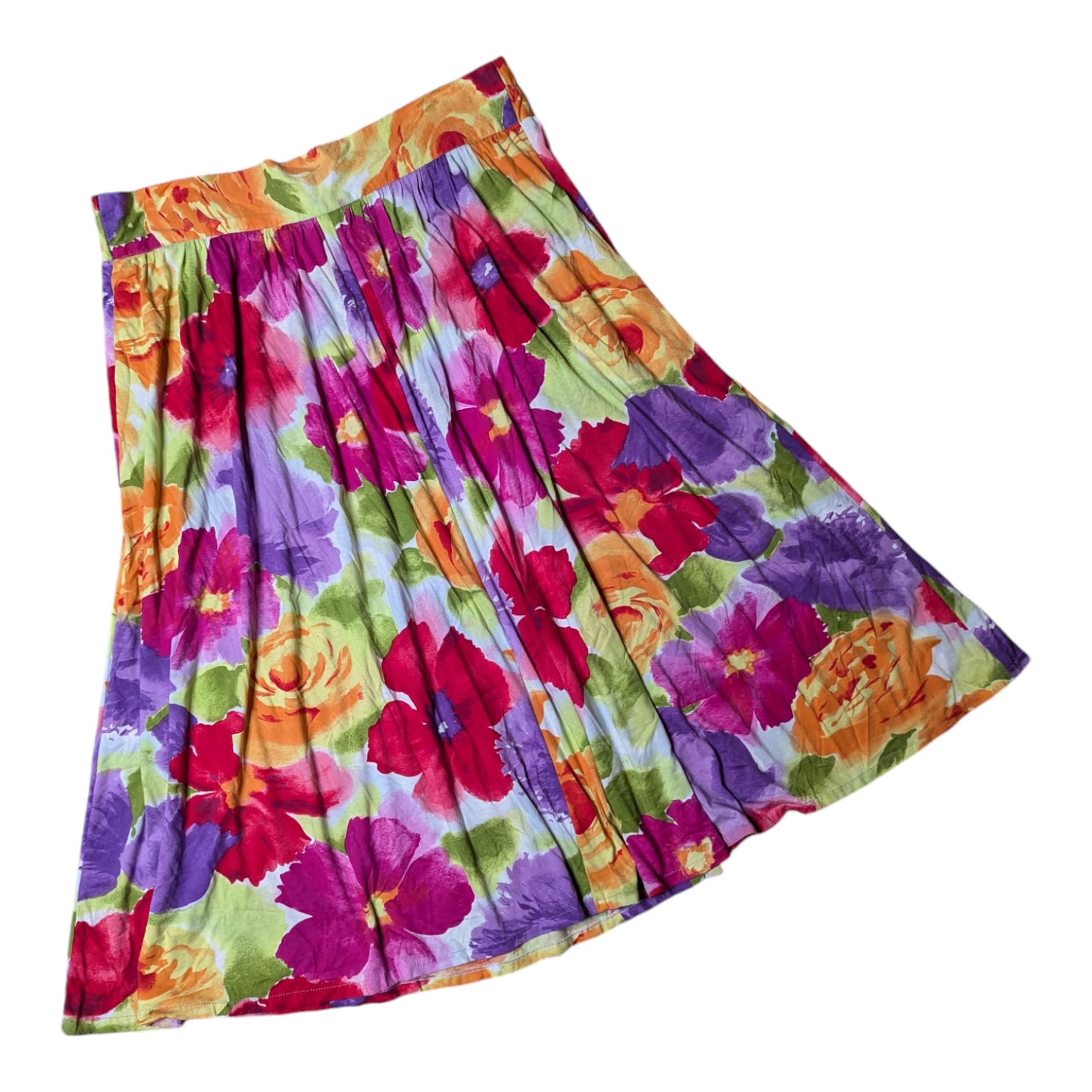 Vtg 1990s Adam & Eve Pink Purple Watercolor Floral Jersey Knit Maxi Skirt L