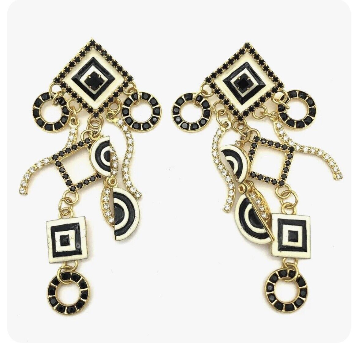 Lunch at the Ritz Black White Enamel Crystal Geometric Dangle Post Earrings NEW!