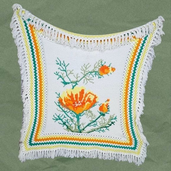 Large crochet knit floral throw blanket afghan comforter yellow & orange fringe