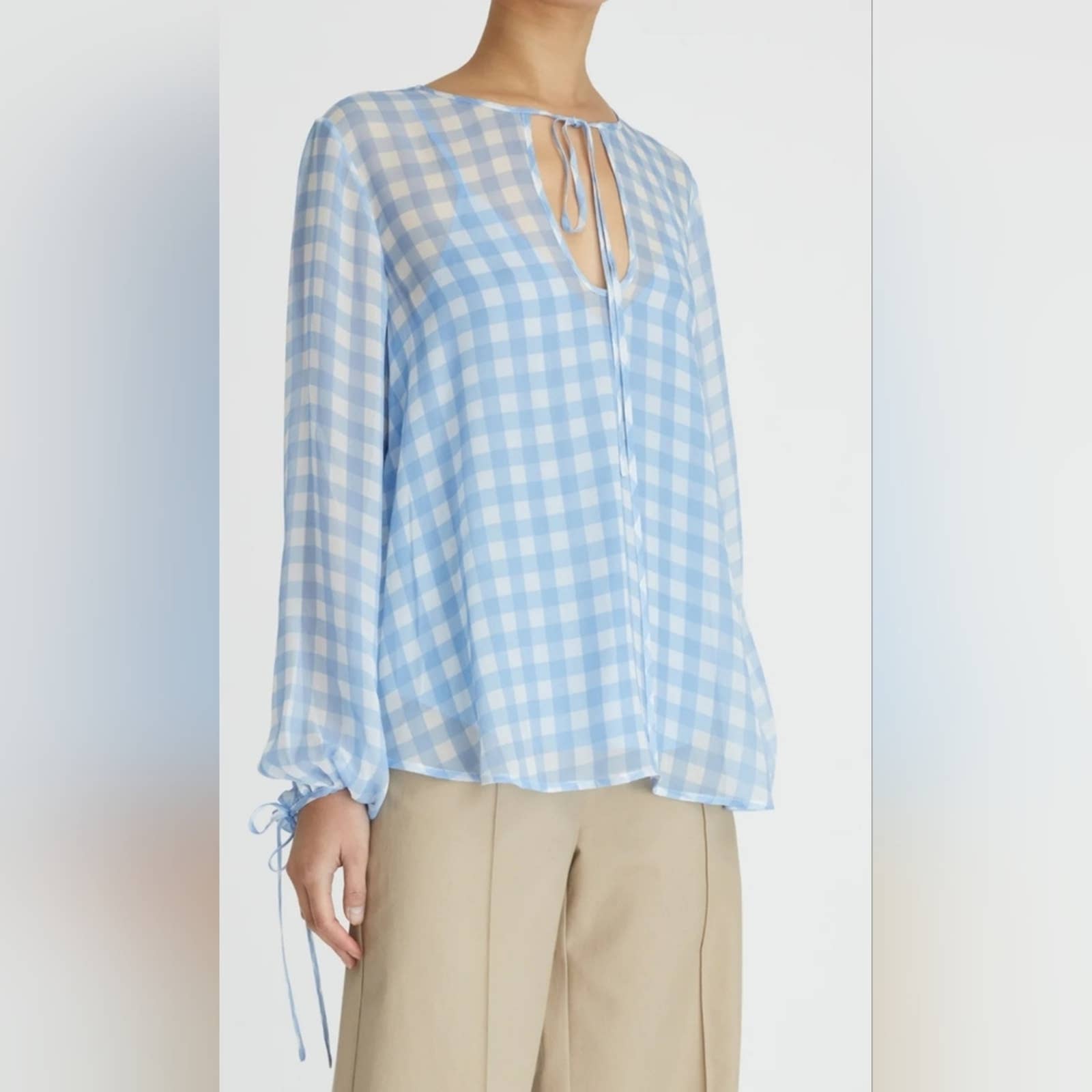 Lee Mathews Blue & White Gingham Print Kitty Silk Blouse Size 5 Classic Designer