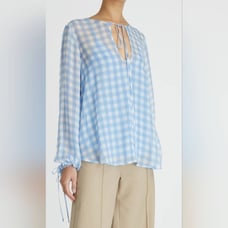 Lee Mathews Blue & White Gingham Print Kitty Silk Blouse Size 5 Classic Designer