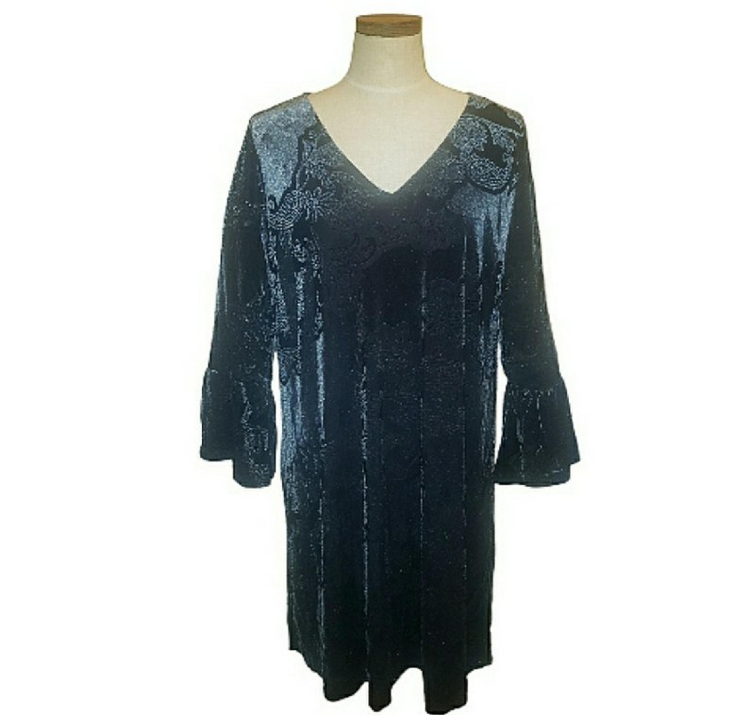 Gilli Sazan Black Floral Velvet Colorshift Sparkles Flare Sleeves Dress 1X NWT