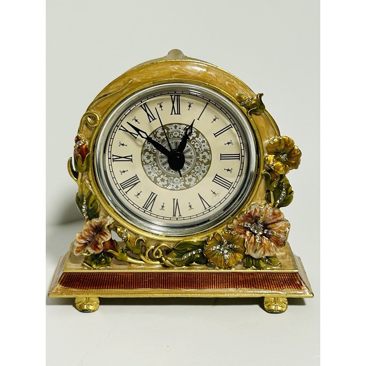 Vtg Mantle Clock Enameled Crystals Flowers Working 5” X 5.25”