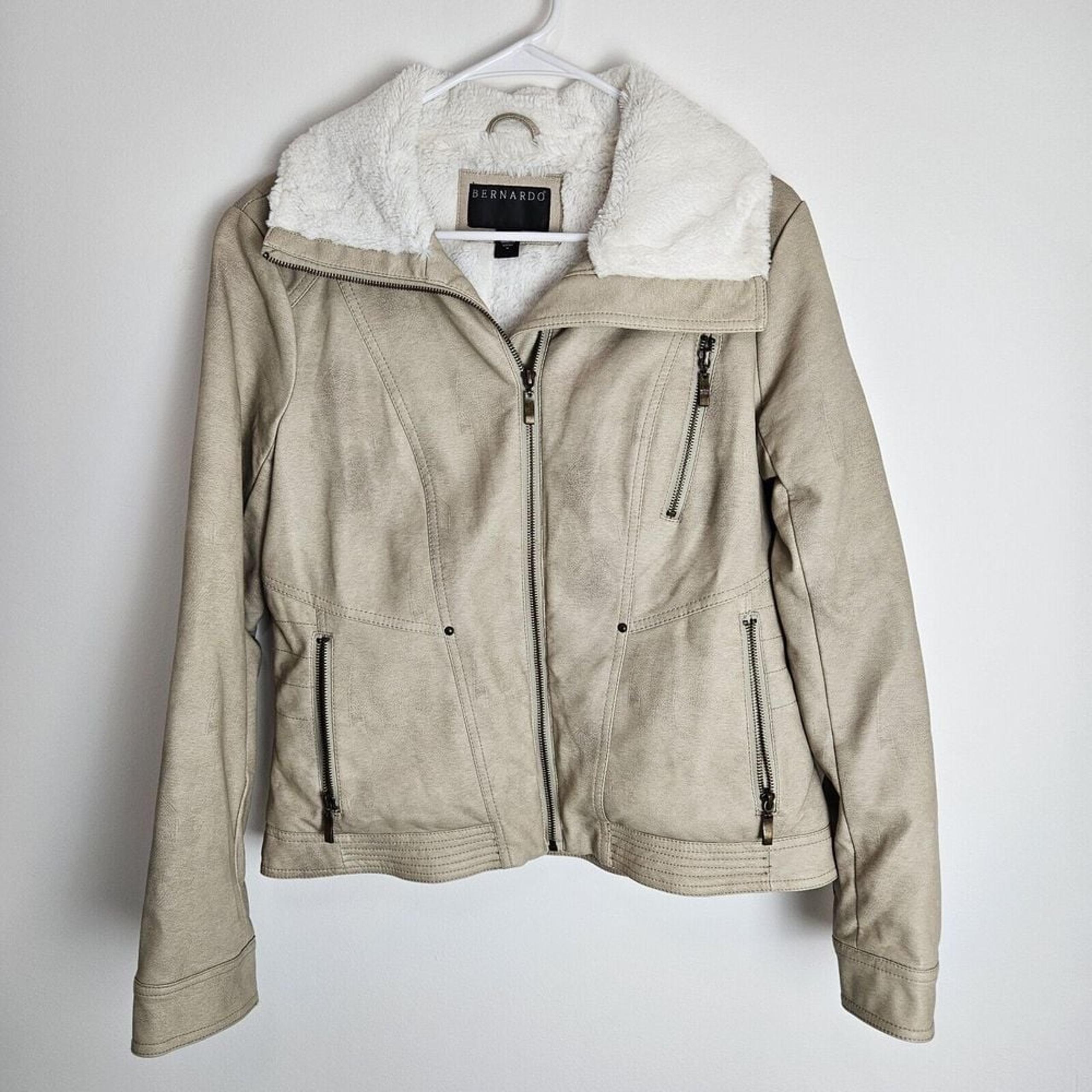 Bernardo Womens Jacket S6z M Faux Leather Faux Fur Lined Distressed Full Zip