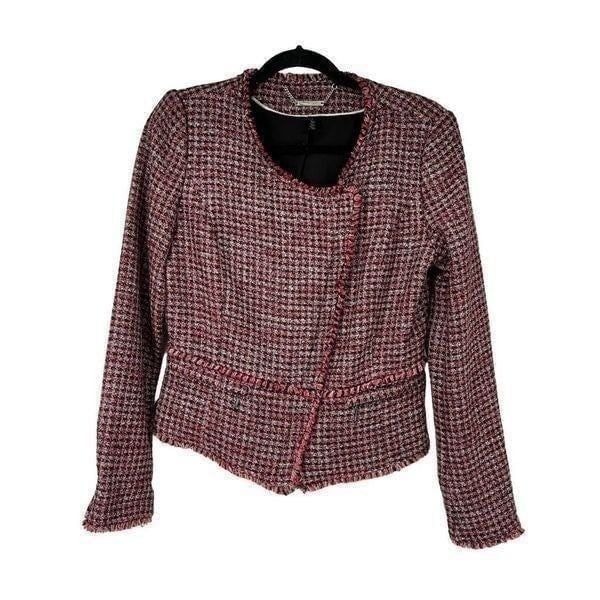 WHBM Red Black White Plaid Tweed Zip Up Blazer