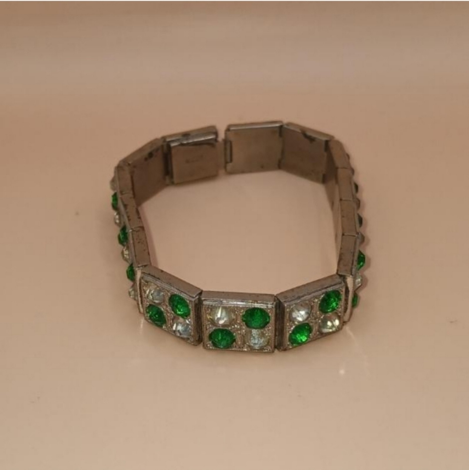 Green and White Rhinestones Bracelet, Signed AllCo, a few dark flecks