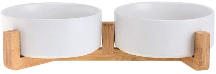 White Ceramic Cat Dog Bowl Dish with Wood Stand No Spill Pet Food Water Feeder