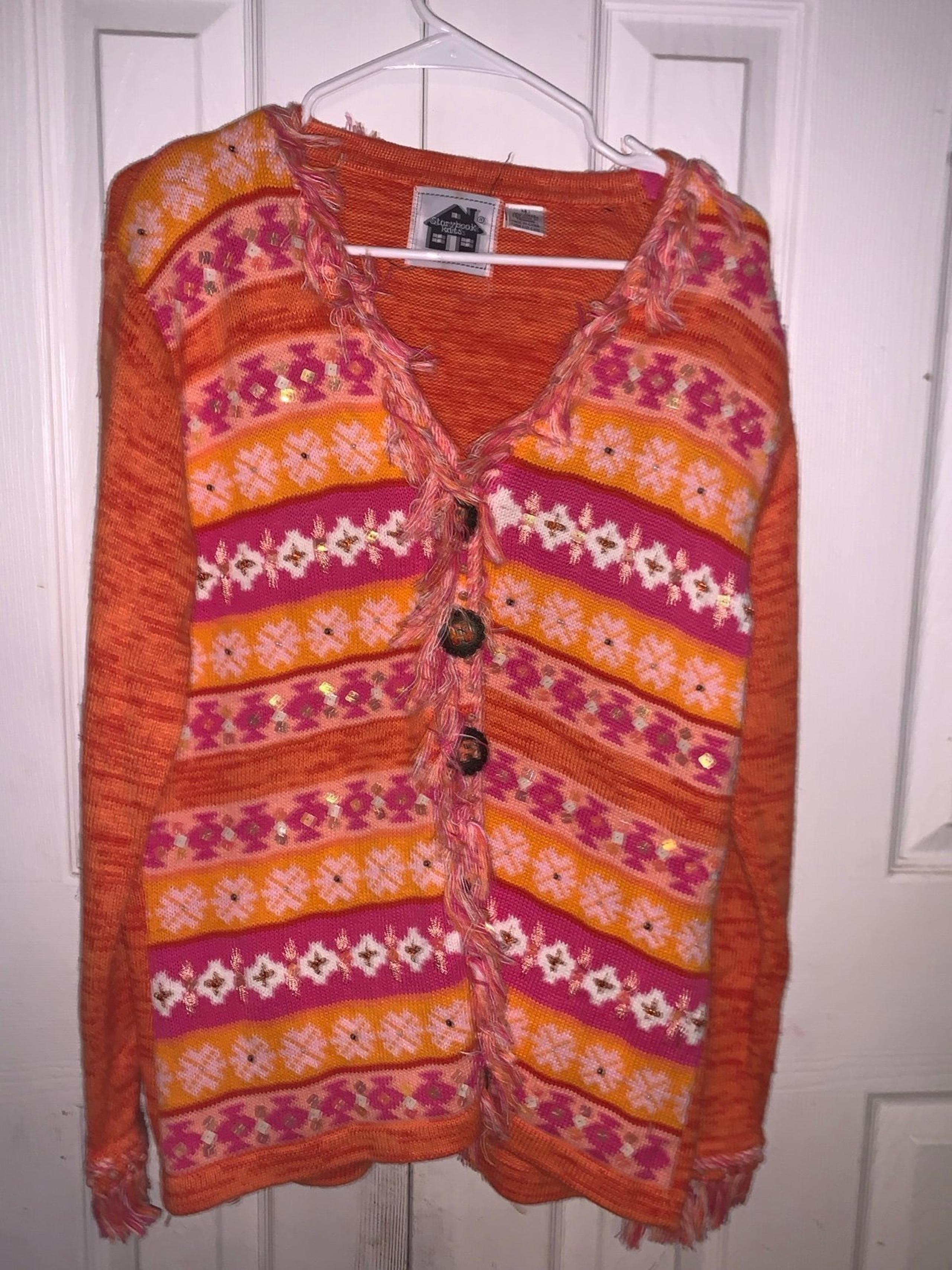 Story Book Knits Medium Orange Button Up Aztec  Cardigan