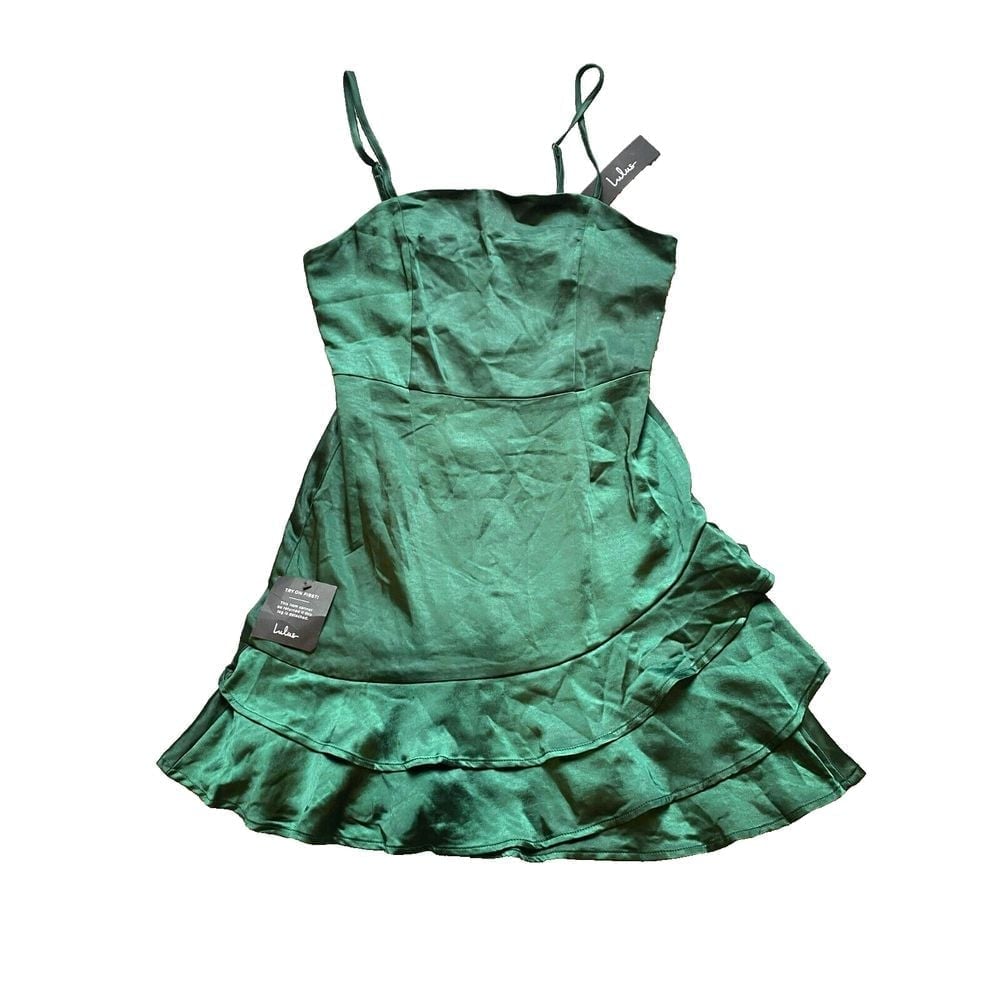 Lulus Dress Womens Small Green Satin Ruffle Cocktail Short Bodycon Spandex NWT